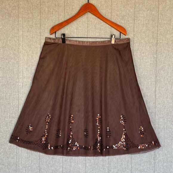Vintage Y2K Old Navy Brown Net Overlay Sequin Low Rise A Line Midi Skirt Size 16 - Picture 1 of 12